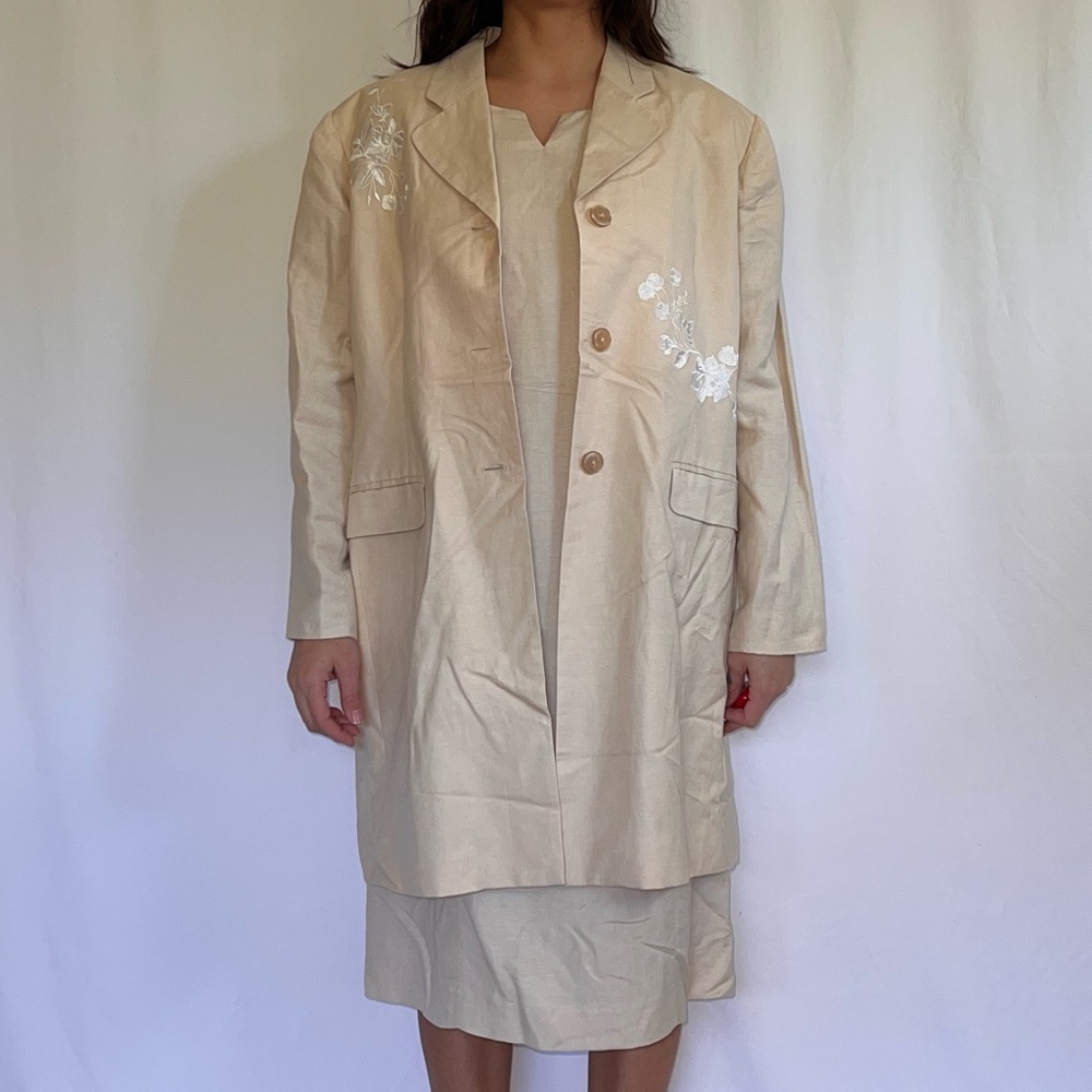 Cynthia Taylor Vintage Tan Floral Embroidered Dress Suit Set Linen Blend